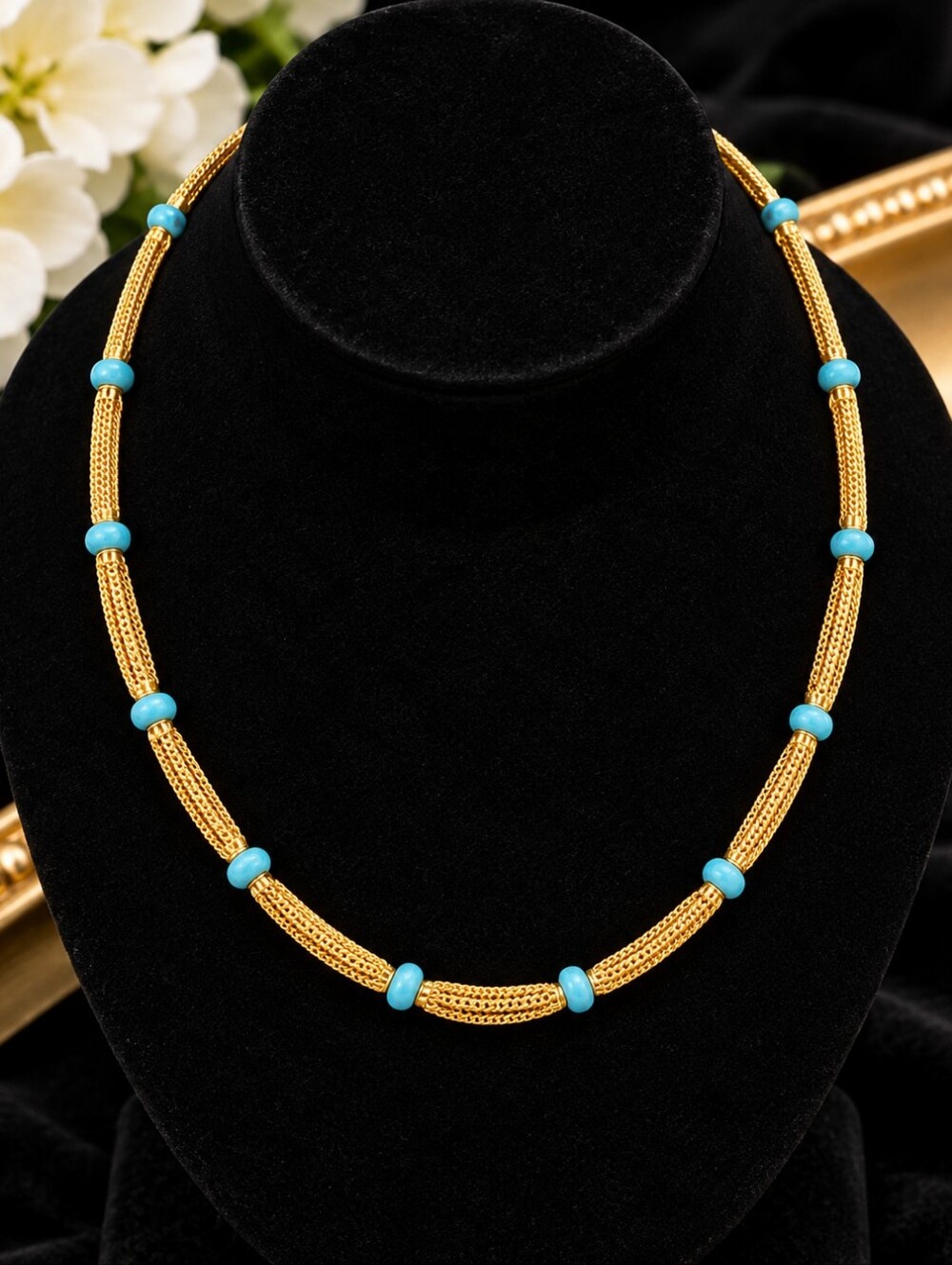 22kgp Dubai Jewelry Gold and Turquoise Beaded Women's Necklace